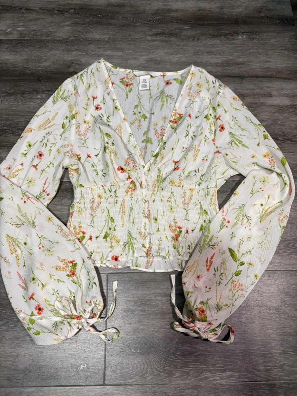 H&M White Floral Smocked Peplum Blouse with Green and Coral Accents
